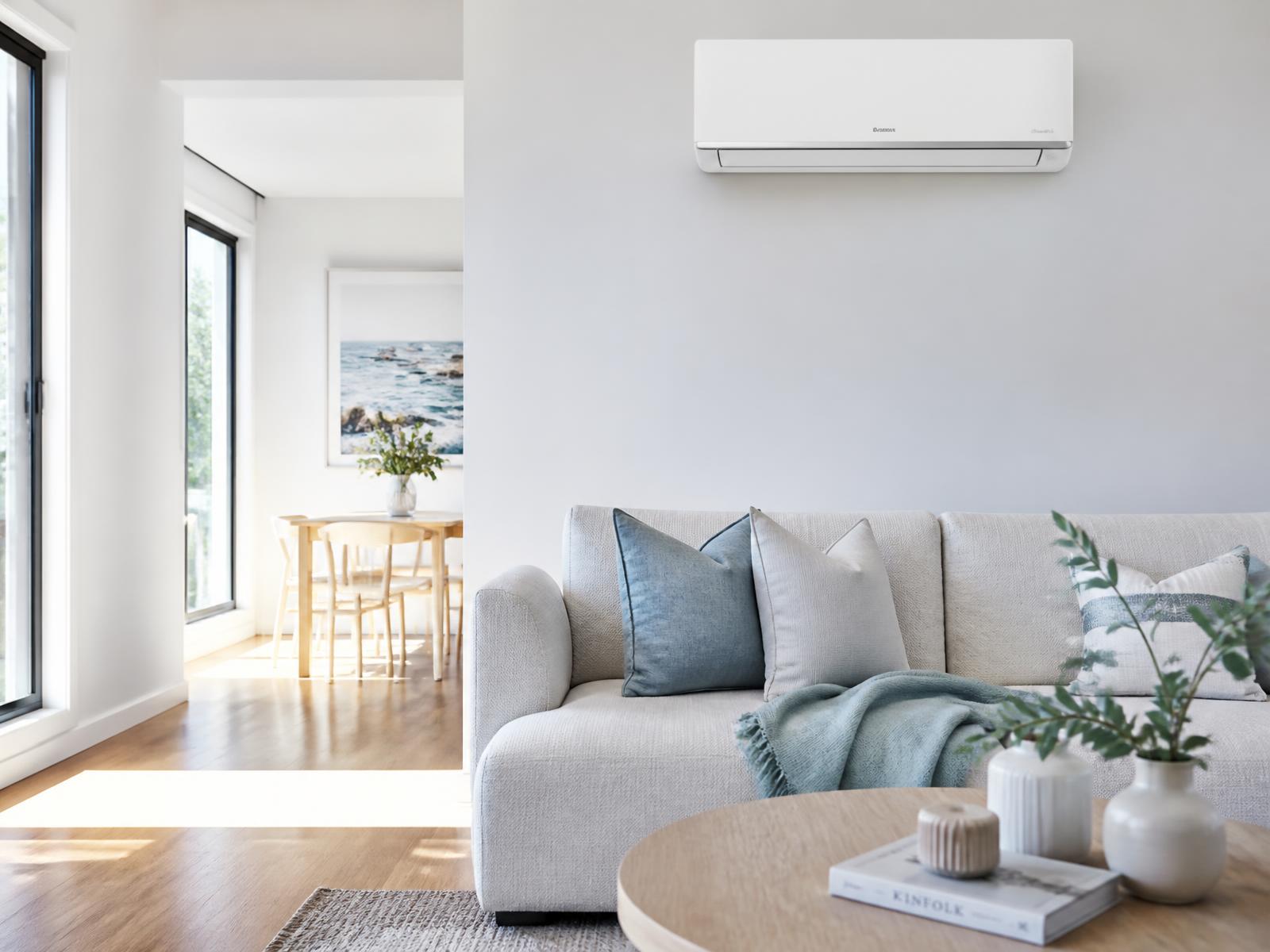 Bright modern Sydney living room with a slim split system air conditioner installed by Cooltek